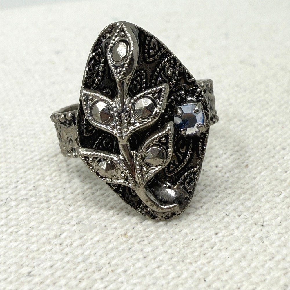 Vintage West Germany Leaf Design Ring Marcasite Silver Tone Adjustable Marked‎
